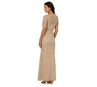 Adrianna Papell Women's V-Neck Beaded Short-Sleeve Mesh Gown