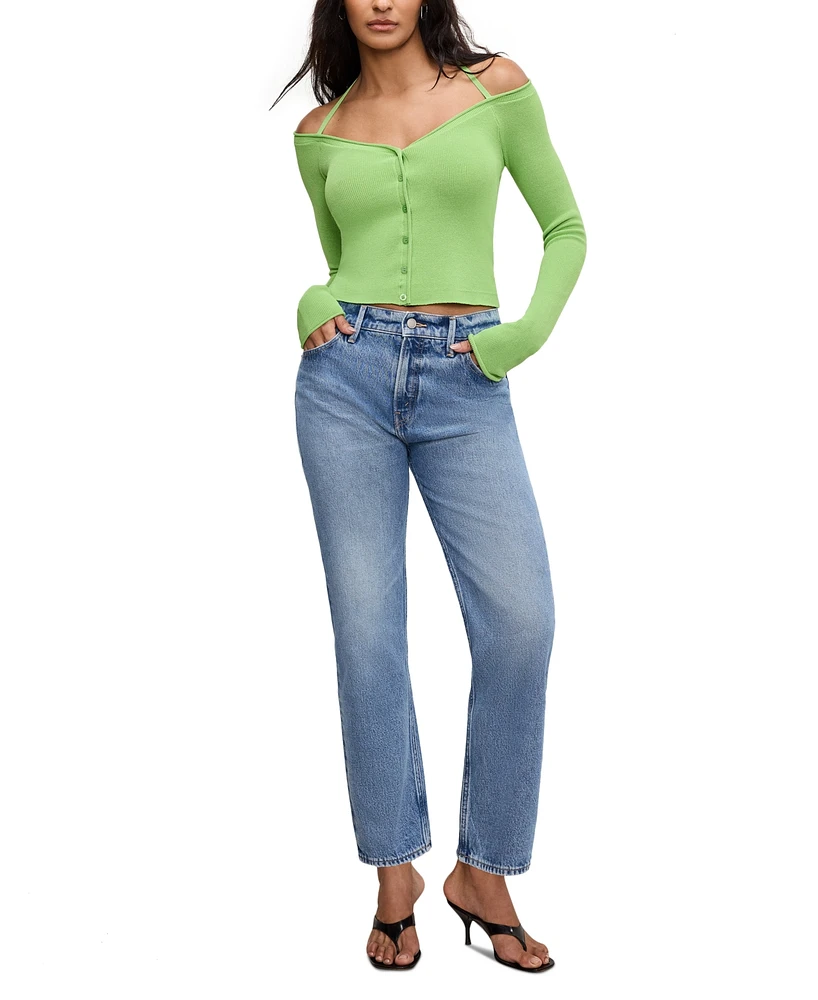 Good American Women's Rib-Knit Off-Shoulder Long-Sleeve Top