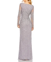 Women's High Neck Sequin Embellished Long Sleeve A Line Gown