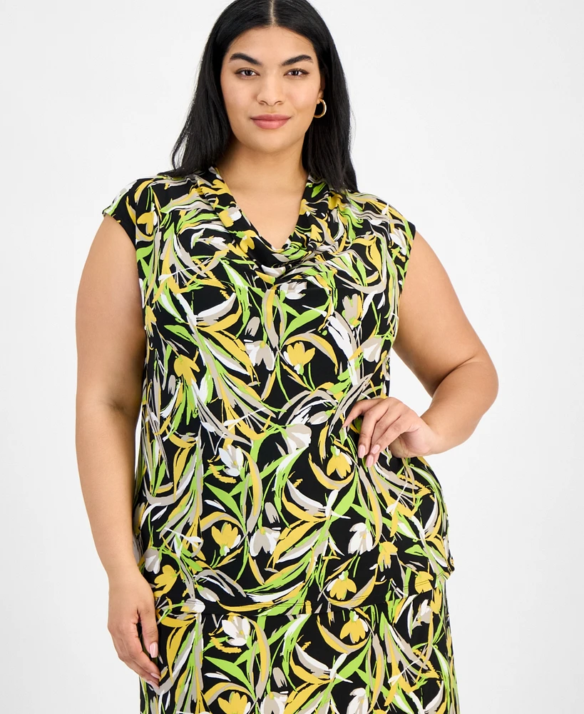 Kasper Plus Printed Cowlneck Blouse