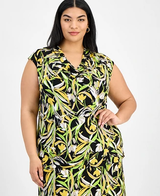Kasper Plus Printed Cowlneck Blouse