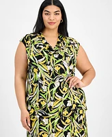 Kasper Plus Printed Cowlneck Blouse