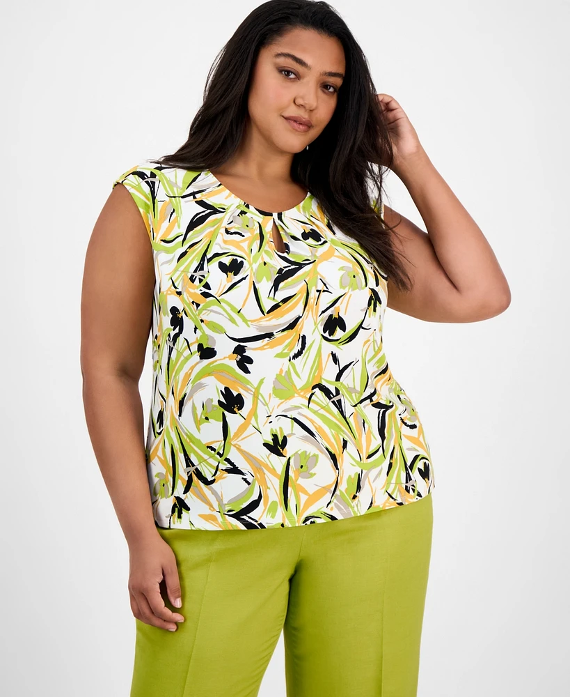 Kasper Plus Printed Keyhole-Neck Sleeveless Top