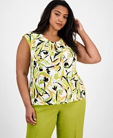 Kasper Plus Printed Keyhole-Neck Sleeveless Top