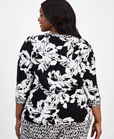 Kasper Plus Printed 3/4-Sleeve Twist-Neck Blouse