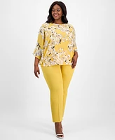 Kasper Plus Printed Ruffle-Sleeve Blouse
