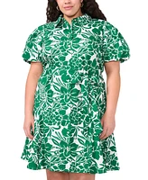 Msk Plus Printed Cotton Puff-Sleeve Belted Shirtdress