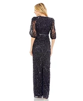 Women's Sequined Elbow Sleeve Gown