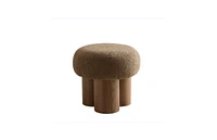 Mushroom stool, brown lamb wool seat, barrel Pvc pipe with walnut veneer