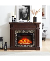 Electric Fireplace with Cherry Mantel and Realistic Stone Surround