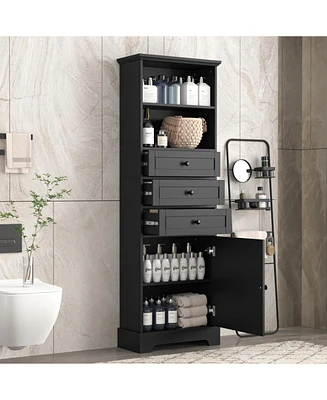 Tall Black Storage Cabinet with 3 Drawers and Shelves for Home