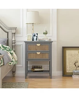 2 Drawer Nightstand Bedside Table with Rattan Drawers Side Table End Table with Storage Small Nightstand with Open Shelf for Bedroom, Blue