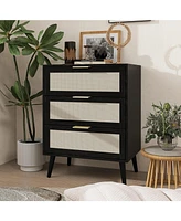 3 Drawer Storage Cabinet Rattan Dressers Chest of Drawers Entryway Cabinet Fluted Nightstand Bedside Table Dresser for Bedroom Living Room