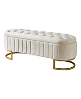 Velvet Upholstered Ottoman Storage Bench, Button-Tufted, Beige