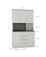 74" Freestanding Kitchen Pantry Cabinet with Charging Station, Led Lights