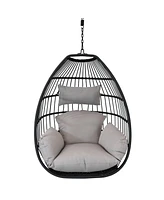 Delaney Black Resin Wicker Hanging Egg Chair with Gray Polyester Seat Cushions - 265-Pound Capacity - 50 Inches H