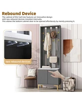 Modern Hall Tree with Cushion, 8 Gold Hooks, Bench, Adjustable Shelves, 23.6"70.8