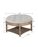 Round Waterproof Ottoman Table: Tufted Storage Coffee Table with Shelf