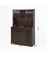71" Tall Kitchen Cabinet with Reeded Glass Doors and Microwave Stand