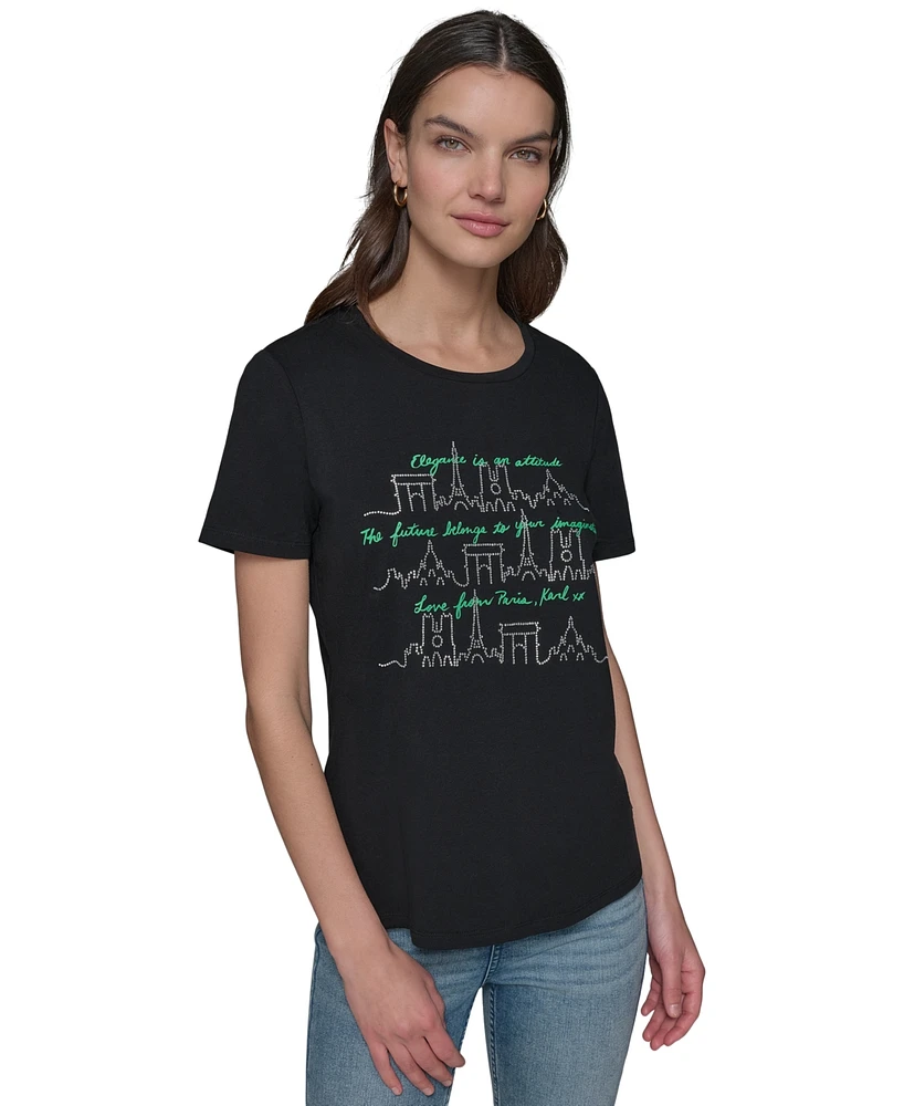Karl Lagerfeld Paris Women's Rhinestone Skyline Graphic T-Shirt