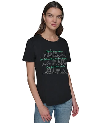 Karl Lagerfeld Paris Women's Rhinestone Skyline Graphic T-Shirt
