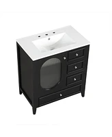 30" Bathroom Vanity with Sink, Bathroom Vanity Cabinet with Three Drawers and Door, Solid Wood and Mdf, Black