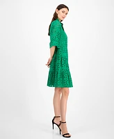 Anne Klein Women's Eyelet Embroidered Cotton Flare-Sleeve Shirtdress