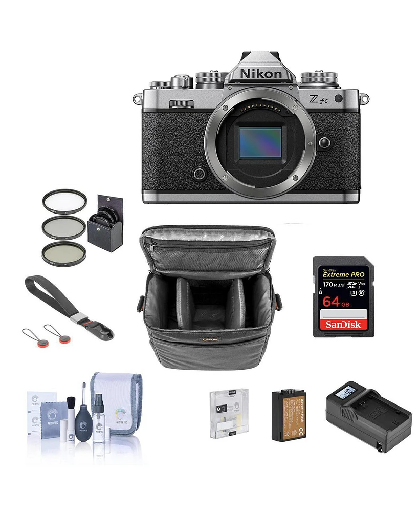 Nikon Z fc Dx-Format Mirrorless Camera Bundle with 64GB Sd Card, Shoulder Bag, Wrist Strap, Extra Battery, Charger, Screen Protector, Cleaning Kit