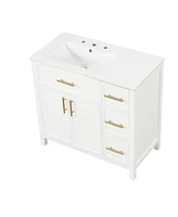 36" White Bathroom Vanity with Solid Wood and Mdf Cabinet, Sink Top, 2 Doors, 3 Drawers