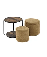 Ottoman with Table & Drum Stool, Multi-Functional w/ Storage - Dark Yellow