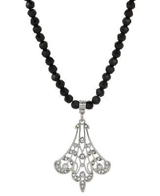 2028 Black Glass Bead Crystal Fan Necklace