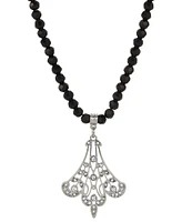 2028 Black Glass Bead Crystal Fan Necklace