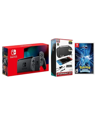 Nintendo Switch 32GB Console Gray Joy-Con Bundle with Surge 11-In-1 Accessory Starter Pack and Pokemon Brilliant Diamond