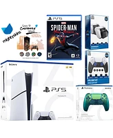 Sony Playstation 5 Slim Disc Bundle with Spider-Man: Miles Morales, Extra Nova Pink Controller, Fps Grip Kit, Dual Charge Dock and MightySkins Decal V