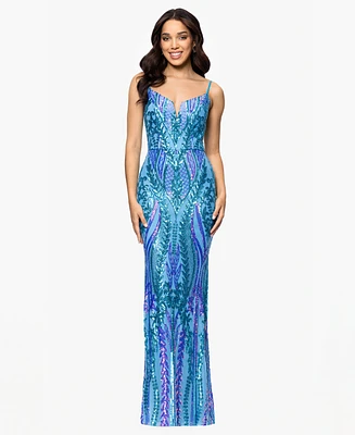 Blondie Nites Juniors' Sequin Notched-Neck Mermaid Gown