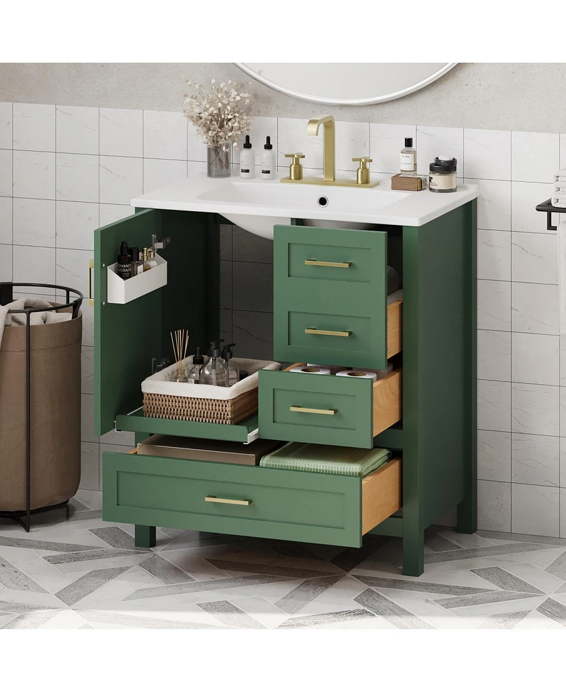30" Green Bathroom Vanity Set with Sink, Storage Cabinet, Soft Close Drawers, Removable Tray