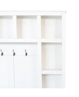 Farmhouse Hall Tree with 6 Hooks, Adjustable Shelves, Shoe Cabinet, Mudroom Storage, 76.7