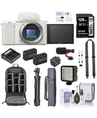 Sony Zv-E10 Mirrorless Camera, White Bundle with 128GB Sd Card, Backpack, Battery, Charger, Tripod, Strap, Microphone, Screen Protector, Led Light, Cl