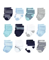 Luvable Friends Cotton Rich Baby Terry Socks 24-Pack, Mint Navy Stripes, 0-6 Months