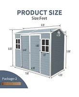 8x4ft Resin Outdoor Storage Shed with Two-Window and Double-Door,Plastic Shed with Floor for Gargen,Patio,Yard,Lawn,Grey