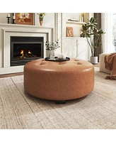 Upholstered Button Tufted Round Ottoman, Pu, Orange Brown