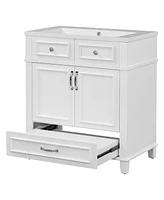 30" Resin Sink Vanity with Solid Wood Frame Cabinet, Retro White