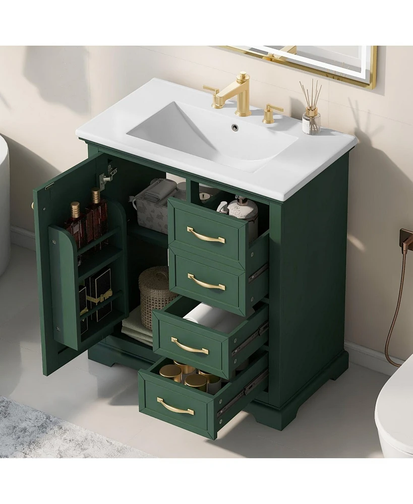 30" Bathroom Vanity with Sink, One Package, Green Bathroom Cabinet with Drawers, Solid Frame and Mdf Board