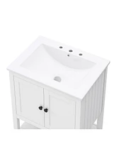 24" White Modern Sleek Bathroom Vanity Elegant Ceramic Sink with Solid Wood Frame Open Style Shelf