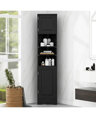 Multi-Functional Corner Cabinet Tall Bathroom Storage Cabinet with Two Doors and Adjustable Shelves, Open Shelf, Black