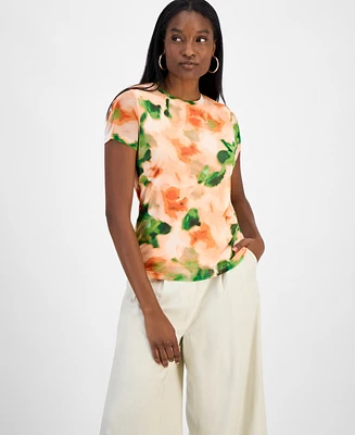 Bar Iii Women's Short-Sleeve Watercolor Mesh Top, Exclusively at Macy's