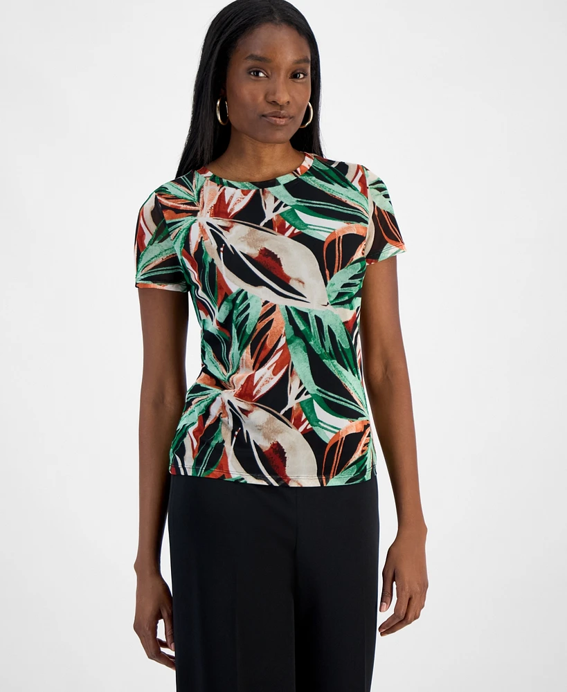 Bar Iii Women's Palm Print Short-Sleeve Mesh Top, Exclusively at Macy's