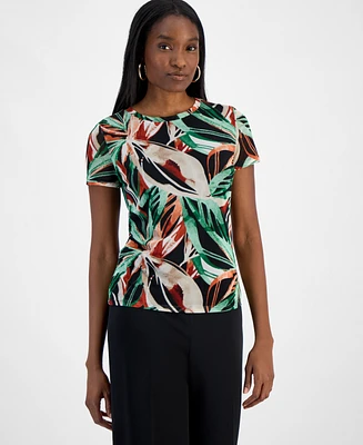 Bar Iii Women's Palm Print Short-Sleeve Mesh Top, Exclusively at Macy's