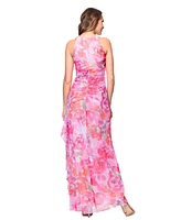 Betsy & Adam Women's Floral Print Gathered Sleeveless Gown