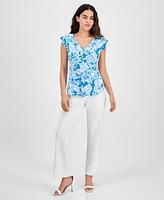 Ak Anne Klein Petite Printed V-Neck Ruffle-Sleeve Blouse